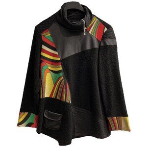 Ronnie Salloway Top Womens M Black‎ Mixed Media Tunic Rainbow Textured Artsy